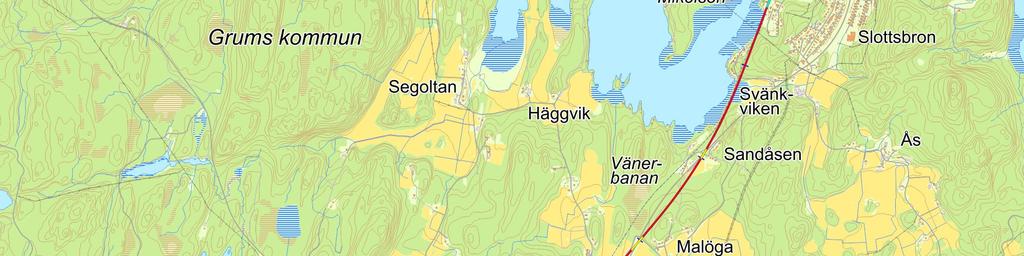 Kilometerangivelsene (blå merker) viser banedistansen fra riksgrensen. Kartutsnittet er på 10 x 10.