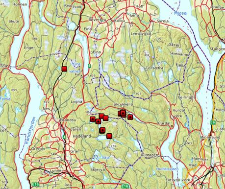 Side 9 av 13 Fig 4. Påviste skader av ulv hittil i 2017. Pr 22. mai er det avdekt ca 140 skader i området Hurdal/Gran/Toten alle skadene går ikke fram av kartet 5.