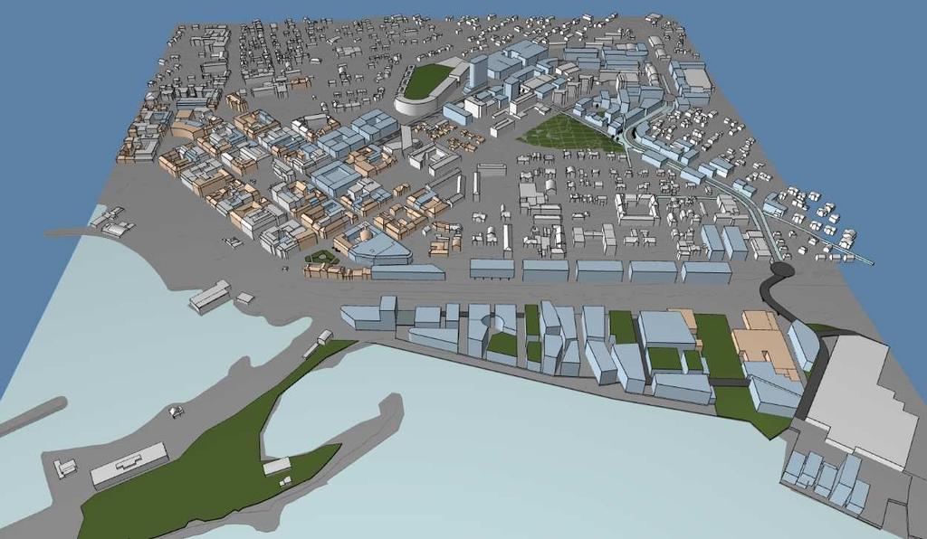 3 Bymiljøprisen 2013 Hamar kommune Figur 3: Fortettingspotensial i Hamar sentrum. Bygg/volumer med blå farge er illustrasjoner av mulige utbygginger hvor det i dag er såkalte grå arealer.