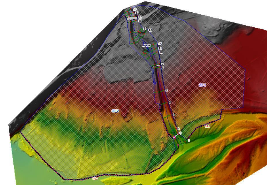 Figur 11: Modellområde med benyttet terrengmodell og beregningsgrid. 6.2 Resultater Beregningene viser at kapasitet og oppstuving ved bruene er avgjørende for hvilke områder som er flomutsatt. 6.2.1 20-årsflom Elveløpet og bruer har tilstrekkelig kapasitet for en 20-årsflom.