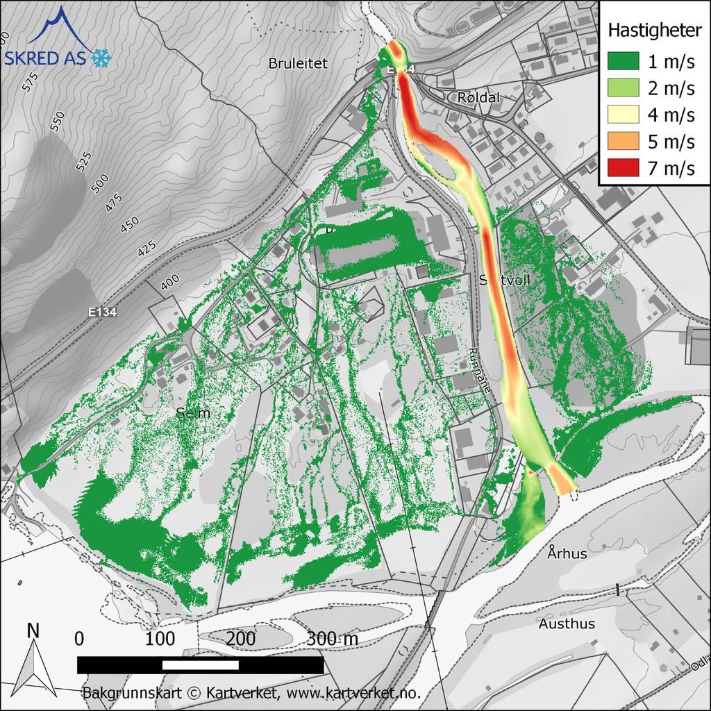6.2.4 Vannhastigheter Det er beregnet store vannhastigheter i elveløpet under flom som gir et potensiale for erosjon og massetransport.