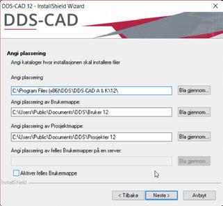 Dette må det tas stilling til: I hvilken mappe skal programmet installeres? Hvor skal brukerdata plasseres (f.eks. firmalogo, egne produkter, symboler, innstillinger osv.)?