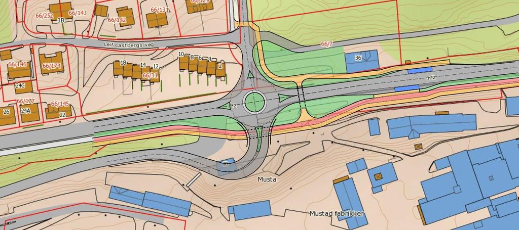 Rundkjøring En rundkjøring vil kunne avvikle framtidig trafikk; med en eller to vegatkomster til Mustad.