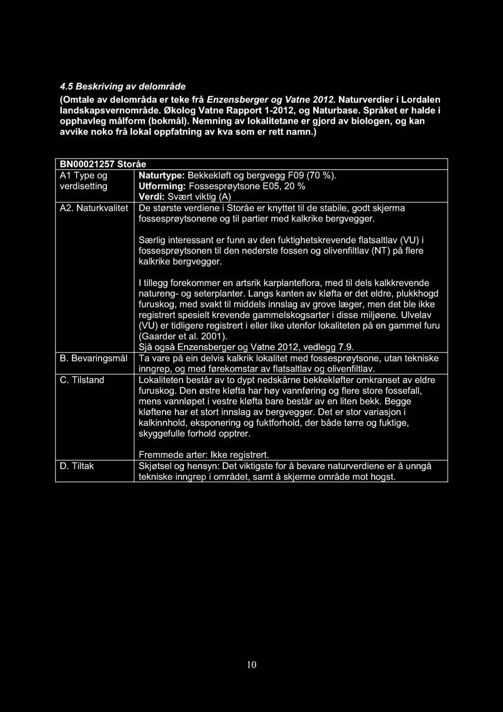4.5 Beskriv ing av delområde (Omtale av delområda er teke frå Enzensberger og Vatne 2012. Naturverdier i Lordalen landskapsvernområde. Økolog Vatne Rapport 1-2012, og Naturbase.