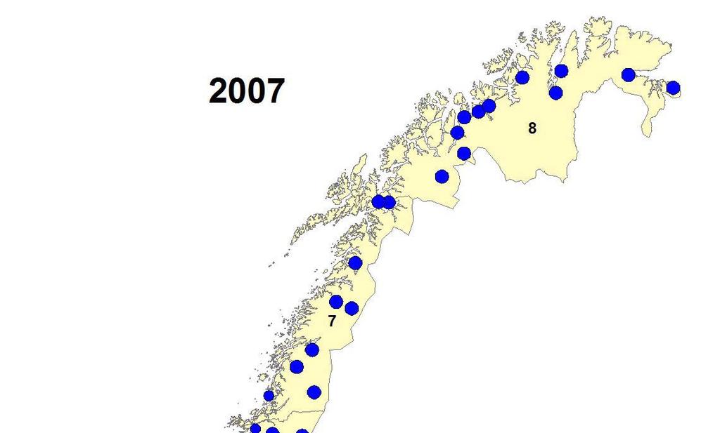 Figur 5. Forvaltningsregionene og fordelingen av familiegruppene i 2007 beregnet med normale avstandskriterier.