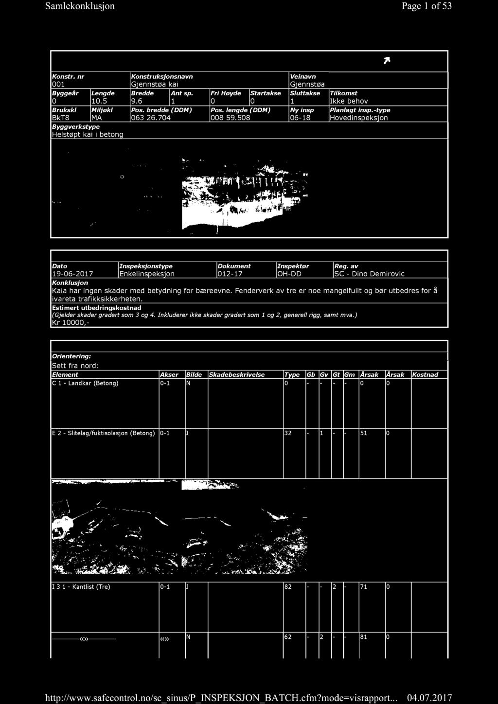 -type Hovedinspeksjon IN SPE KSJON: Dato 19-06-2017 Inspeksjonstype Enkelinspeksjon Dokument 012-17 Inspektør OH-DD Konklusjon Kaia har ingen skader med betydning for bæreevne.