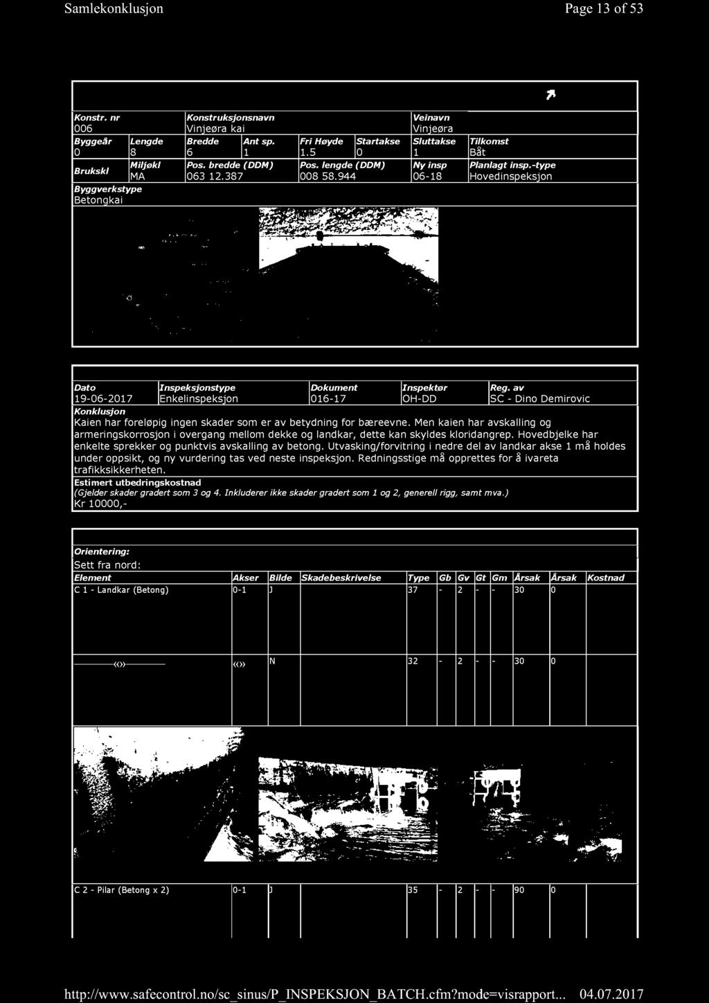 Page 1 3 of 5 3 H E M N E KOM M UN E INSPEKSJONSUNDERLAG Konstr. nr 006 Byggeår 0 Brukskl Byggverkstype Betongkai Lengde 8 Miljøkl MA Konstruksjonsnavn Vinjeøra kai Bredde Ant sp. 6 1 Pos.