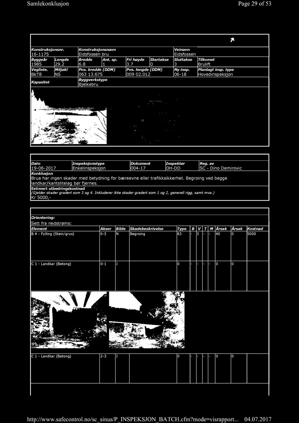 Page 2 9 of 5 3 H E M N E KOM M UN E INSPEKSJONSUNDERLAG Konstruksjonsnr. 16-1175 Byggeår Lengde 1985 29.2 Vegliste. BkT8 Kapasitet Miljøkl NS Konstruksjonsnavn Eidsfossen bru Bredde Ant. sp. 6.