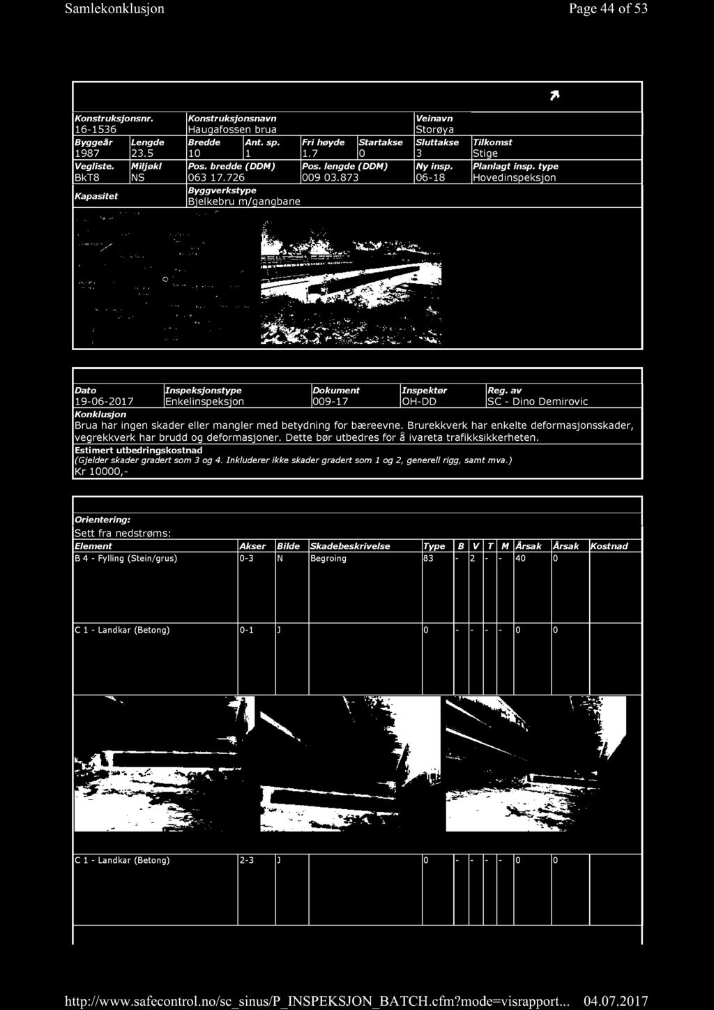 Page 4 4 of 5 3 H E M N E KOM M UN E INSPEKSJONSUNDERLAG Konstruksjonsnr. 16-1536 Byggeår Lengde 1987 23.5 Vegliste. BkT8 Kapasitet Miljøkl NS Konstruksjonsnavn Haugafossen brua Bredde Ant. sp.