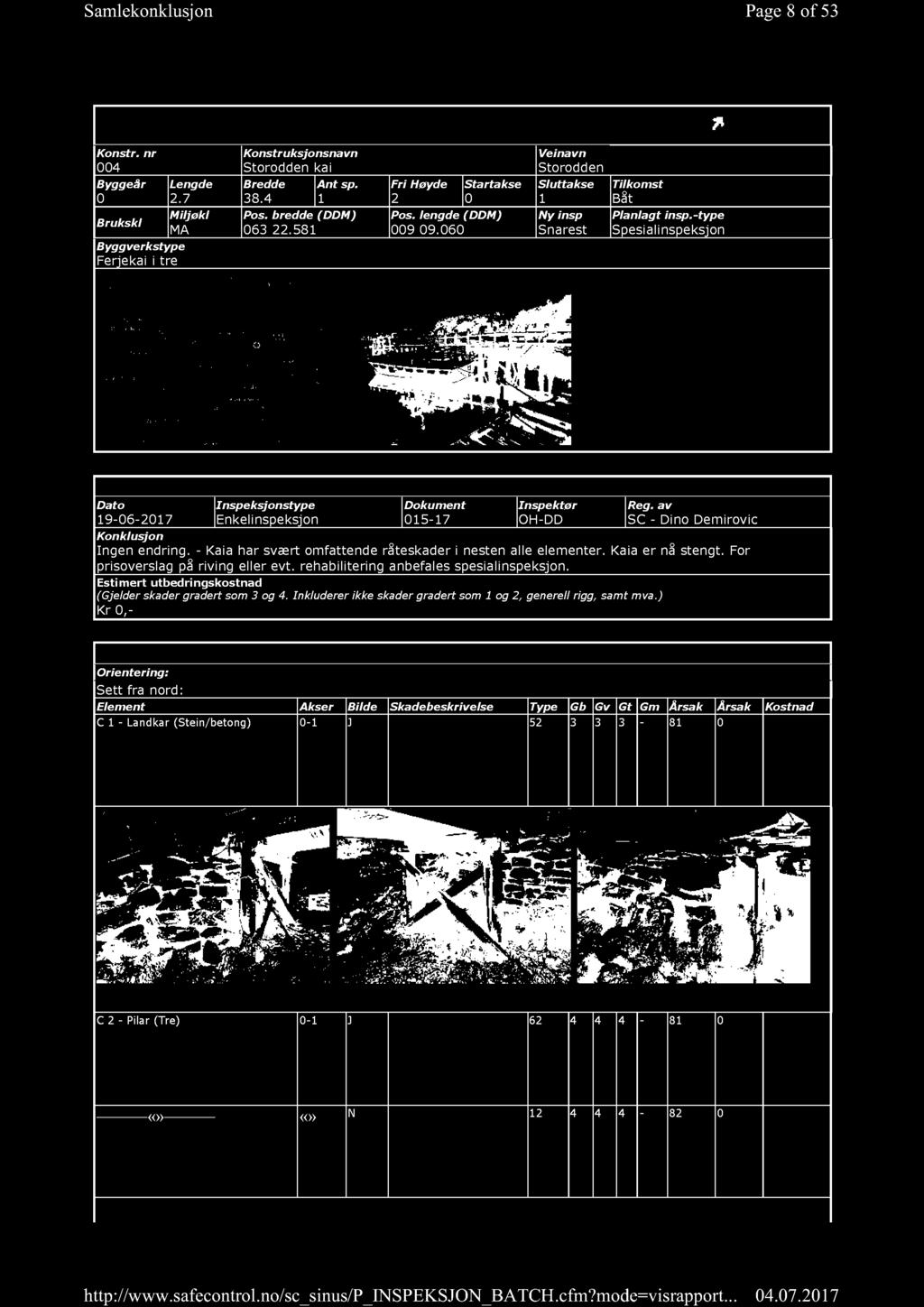 Page 8 of 5 3 H E M N E KOM M UN E INSPEKSJONSUNDERLAG Konstr. nr 004 Byggeår 0 Brukskl Byggverkstype Ferjekai i tre Lengde 2.7 Miljøkl MA Konstruksjonsnavn Storodden kai Bredde Ant sp. 38.4 1 Pos.