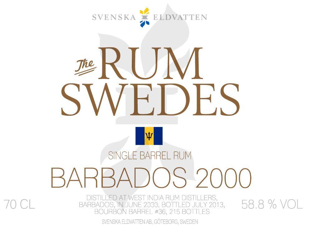 Fra svenskene kommer det også single cask rom: Barbados 2000 13 YO cask #36 Fargen er lys gulgrønn Lukt: Moden citrus, sitronkrem, grønne urter, floreal, sjokolade.