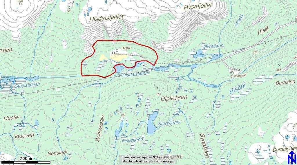 2. Områdebeskrivelse Hisdal ligger i Setesdals Vesthei i nedre deler av Bykle kommune. Selve dalen går inn i øst ved Otra ved Hislii og strekker seg vestover mot Støyldalen og Hisvatnet.