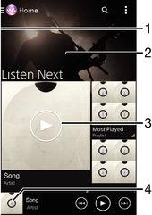 WALKMAN-startskjermen 1 Dra den venstre kanten av skjermen til høyre for å åpne menyen for WALKMAN-startskjermen 2 Bla opp eller ned for å vise innholdet 3 Spill av en sang med WALKMAN-appen 4 Gå