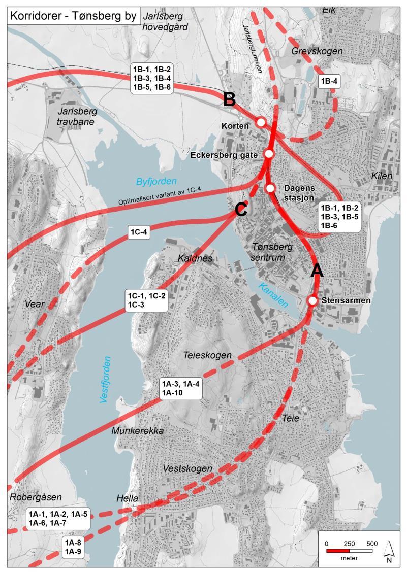 Korridorer med varianter i Tønsberg FORSTUDIEN: 3 korridorer med 20 varianter ble vurdert Jarlsberg-varianter gjennom sløyfa ble anbefalt vurdert videre selv om de ikke sparer kjøretid.