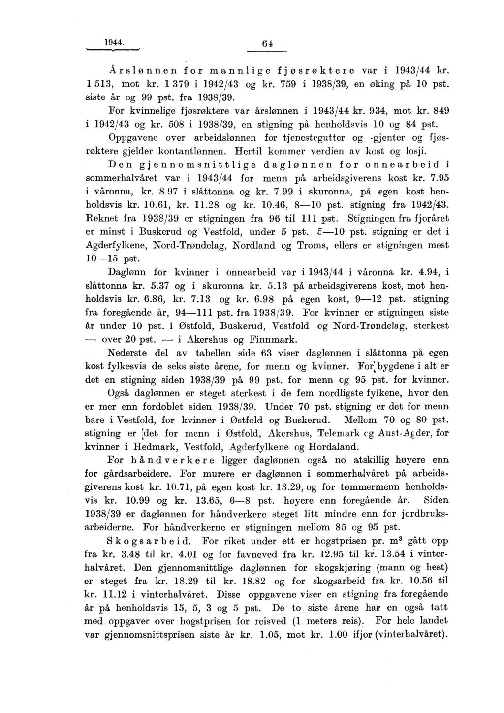 1944. Årslønnen for mannlige fjøsrøktere var i 1943/44 kr. 1 513, mot kr. 1 379 i 1942/43 og kr. 759 i 1938139, en øking på 10 pst. siste år og 99 pst. fra 1938/39.