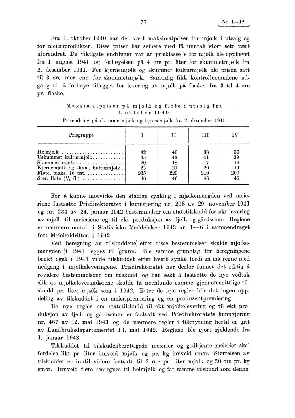 77 Nr. 1-12. Fra 1. oktober 1940 har det vært maksimalpriser for mjølk i utsalg og for meieriprodukter. Disse priser har seinere med få unntak stort sett vært uforandret.