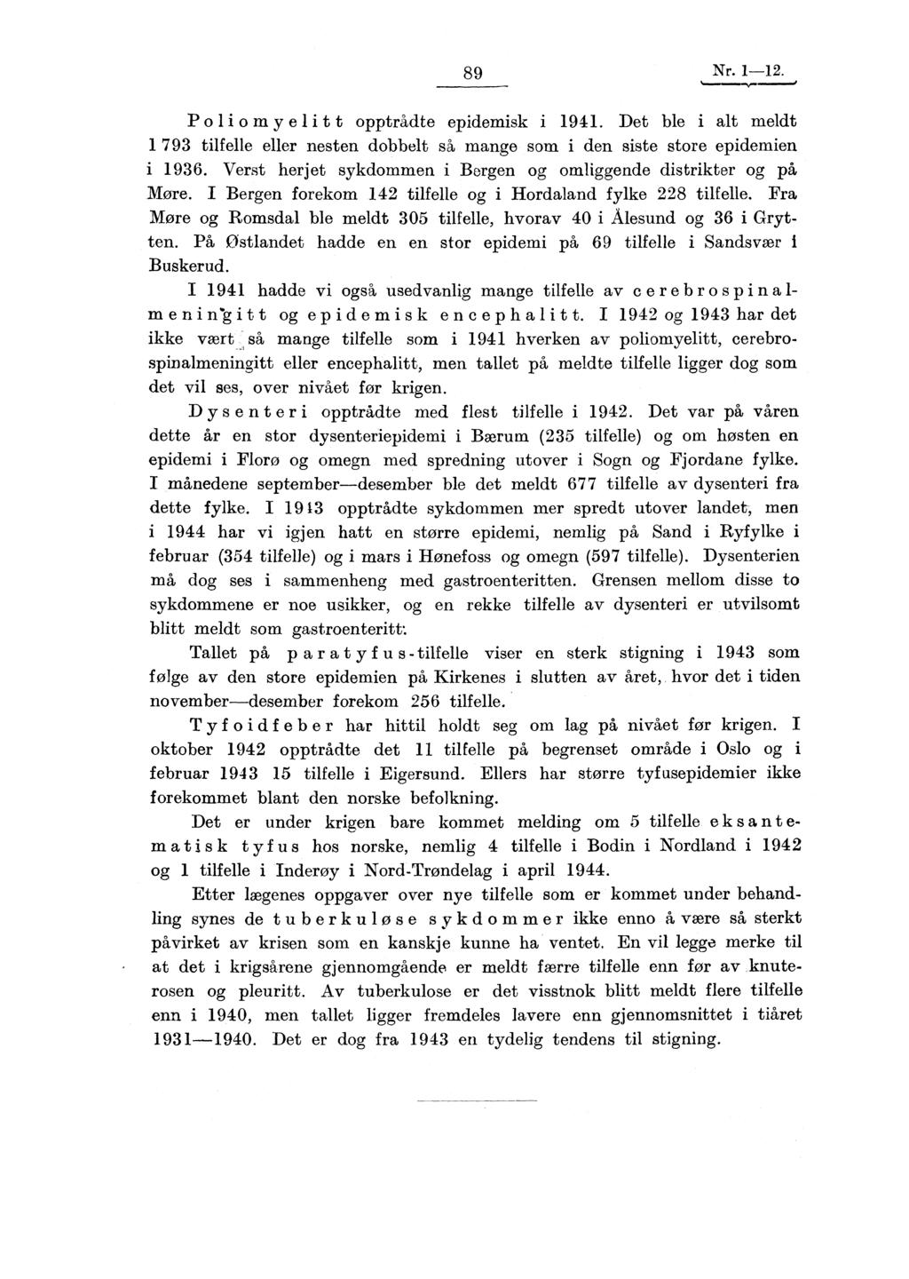 89 Nr. 1-12....1 11 10 Poliomyelitt opptrådte epidemisk i 1941. Det ble i alt meldt 1 793 tilfelle eller nesten dobbelt så mange som i den siste store epidemien 1936.