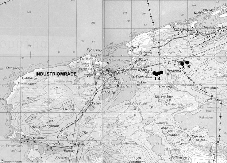 Figur 1. Lokalisering av overvåkingsfeltene Tjeldbergodden og Terningvatn i forhold til metanolfabrikken (industrianlegget) på Tjeldbergodden.