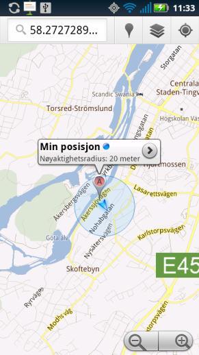 Når man klikker på kartlenken åpnes Google Maps og brukerens/handis posisjon vises. Nøyaktigheten for posisjonen vises i meter.