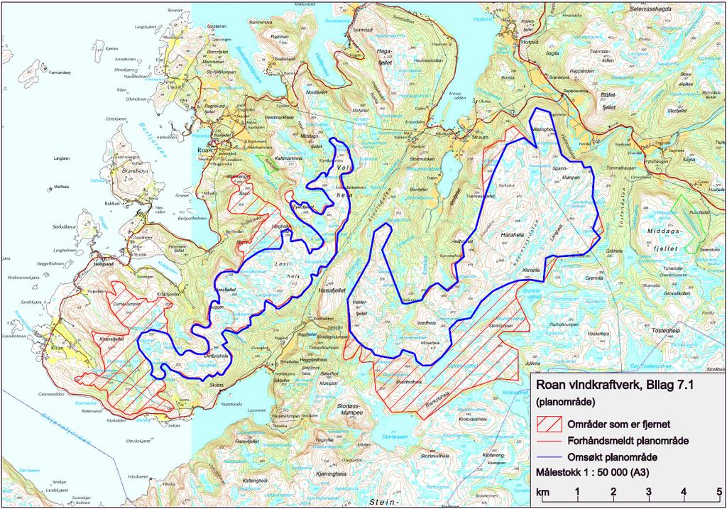 Side 6 Figur 2: Arealer som er fjernet siden prosjektene ble meldt På grunnlag av vindmålinger innenfor planområdet (Haraheia) siden mai 2005 anslår tiltakshaver at midlere vindhastighet i området