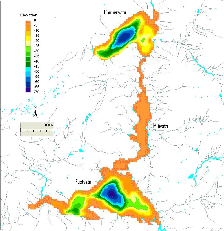 Figur 2. Ømmervatn, Mjåvatn og Fustvatn. Dybdekart 1.3 Modell Vi benyttet den 3-dimensjonale modellen GEMSS. Modellen beregner strøm, temperatur, konsentrasjon av stoffer med ulike egenskaper mm.