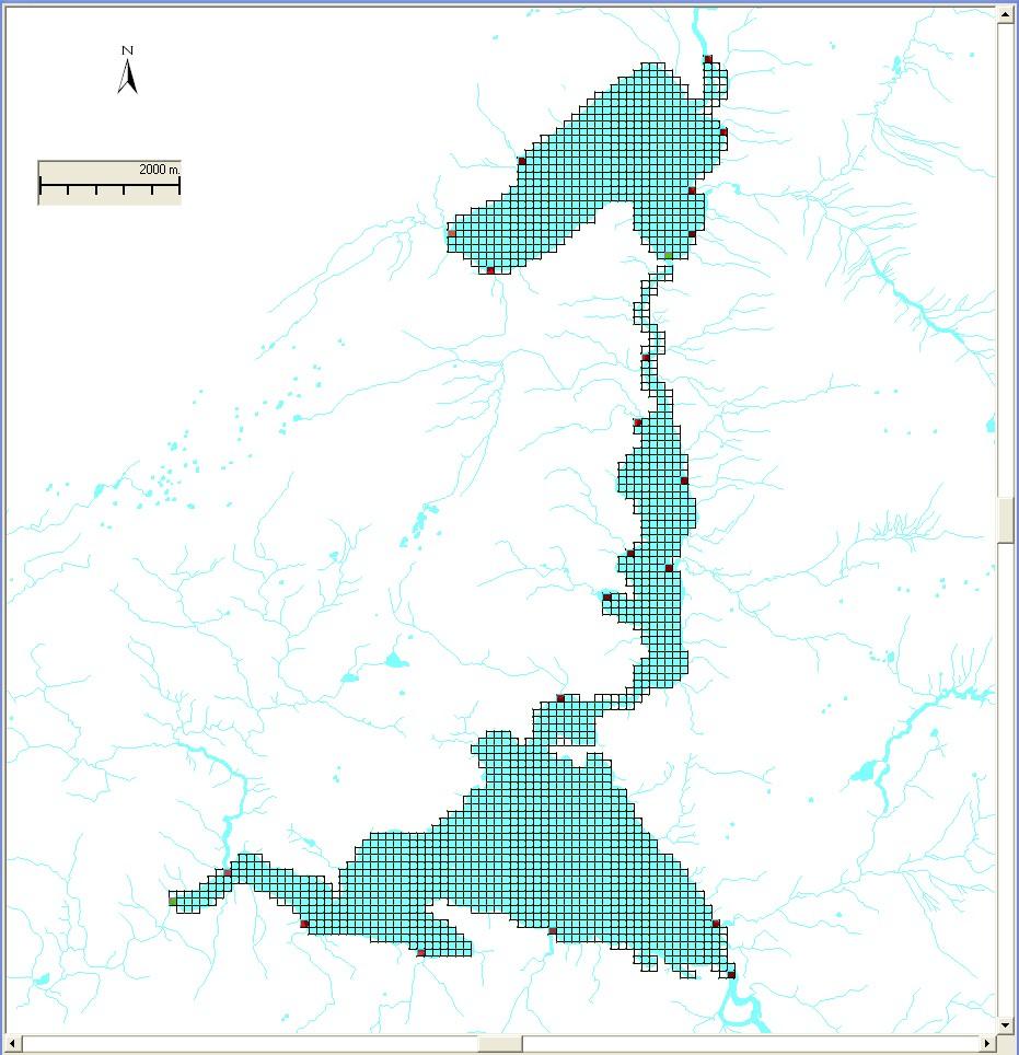 Figur 4. Innsjøen ble delt inn i beregningsceller. I horisontalplanet var disse 100 m. 100 m og i dybderetningen 1 m. Vann og rotenon ble i modellen tilført via i de 20 største tilløpene. 1.4 Data Vi simulerte strøm og temperatur for perioden 1.