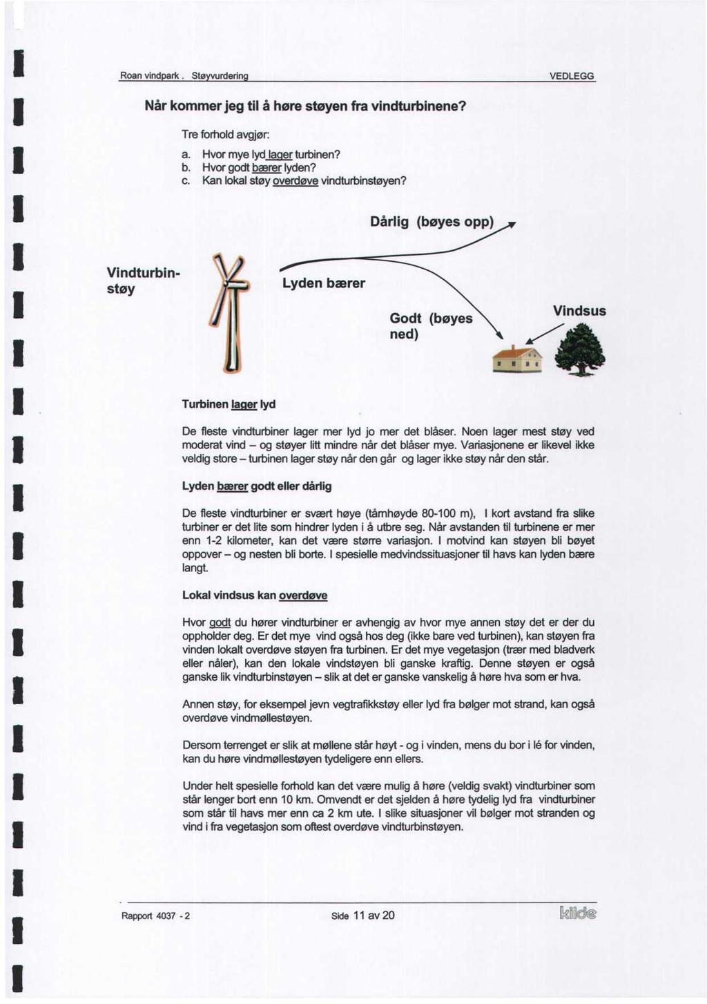 Roan vind ark. Sø urderin Når kommer jeg il å høre søyen fra vindurbinene? Tre forhold avgjør: a. Hvor mye lyd lager urbinen? b. Hvor god bærer lyden? c. Kan lokal søy overdøve vindurbinsøyen?