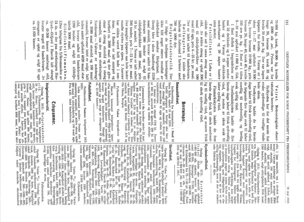 84 UKENTLGE MEDDELELSER FR NRSK FSKERBEDRFT FRA FSKERDREKTØREN 28 mai 99 70 000 torsk, 30 000 kveite Ve i re t. Meteorologiske obserog 2000 stk.sei.