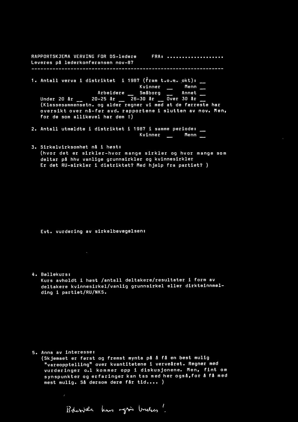 RAPPORTSKJEMA VERVING FOR DS-ledere Leveres på lederkonferansen nov-87 FR A 1 1. Antall verva i distriktet i 1987 (fram 