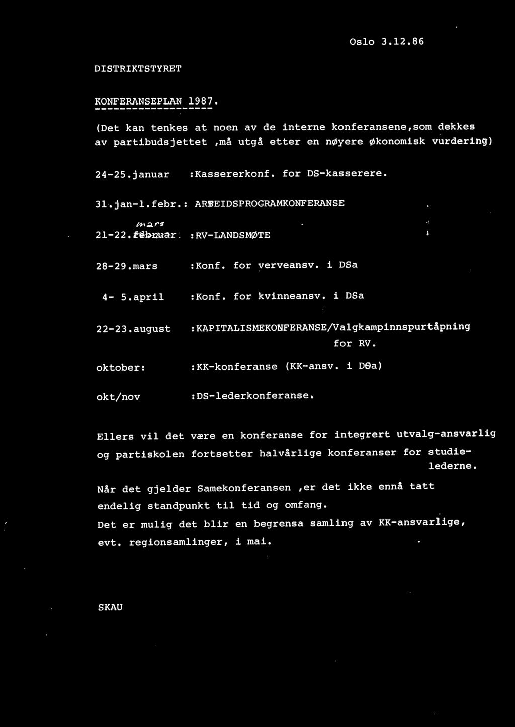 Oslo 3.12.86 DISTRIKT STYRET KONFERANSEPLAN 1987. (Det kan tenkes at noen av de interne konferansene,som dekkes av partibudsjettet,må utgå etter en nøyere Økonomisk vurdering) 24-25.