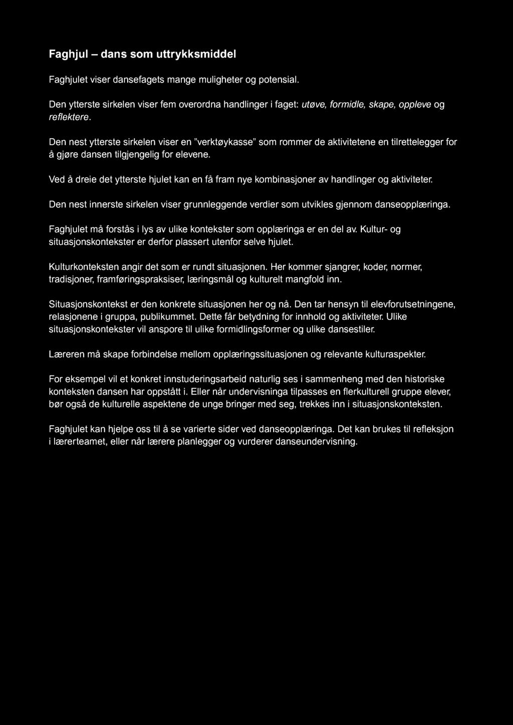 Faghjul dans som uttrykksmiddel Faghjulet viser dansefagets mange muligheter og potensial. Den ytterste sirkelen viser fem overordna handlinger i faget: utøve, formidle, skape, oppleve og re ektere.