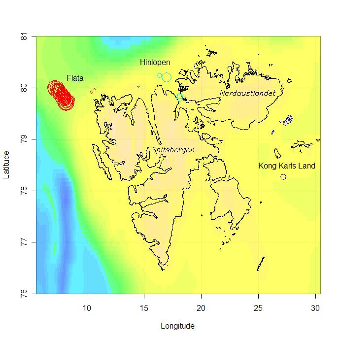 Figur 1. Kart over farvannet rundt Svalbard med lokaliteter.