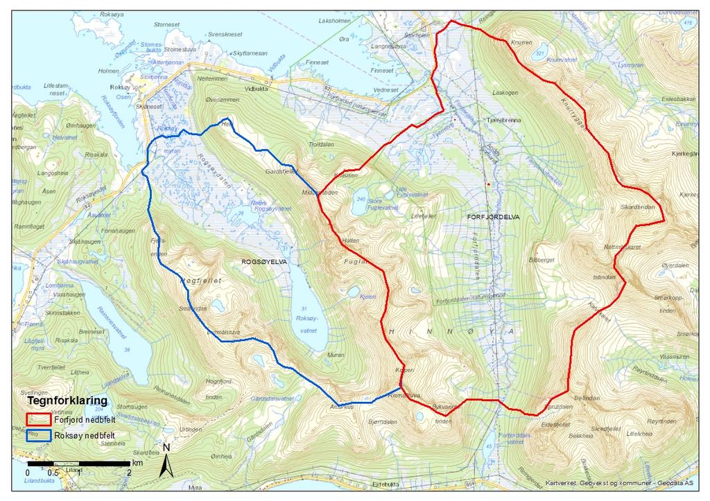 1 Beskrivelse av nedbørfeltene Forfjordelva renner ut i Forfjorden og Roksøyelva renner i Roksøyfjorden.