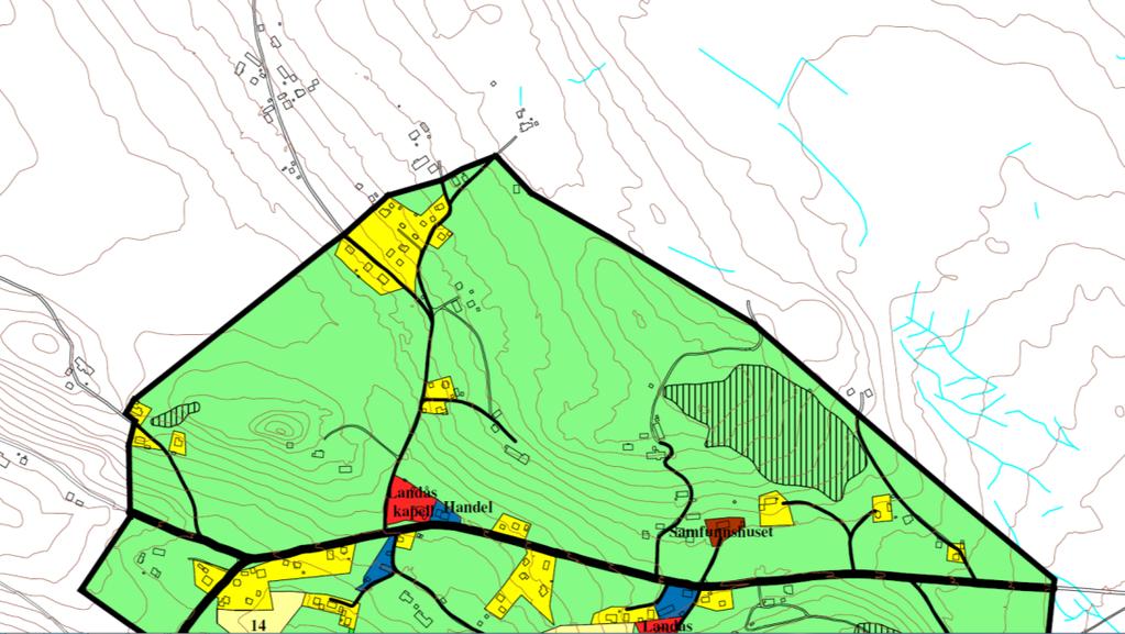 Sak 10/16 Kartutsnitt som viser deler av kommunedelplanen for Landåsbygda. En del boligtomter er i sin helhet farget gule og er angitt som byggeområde. Dette er videreført i ny kommuneplan.