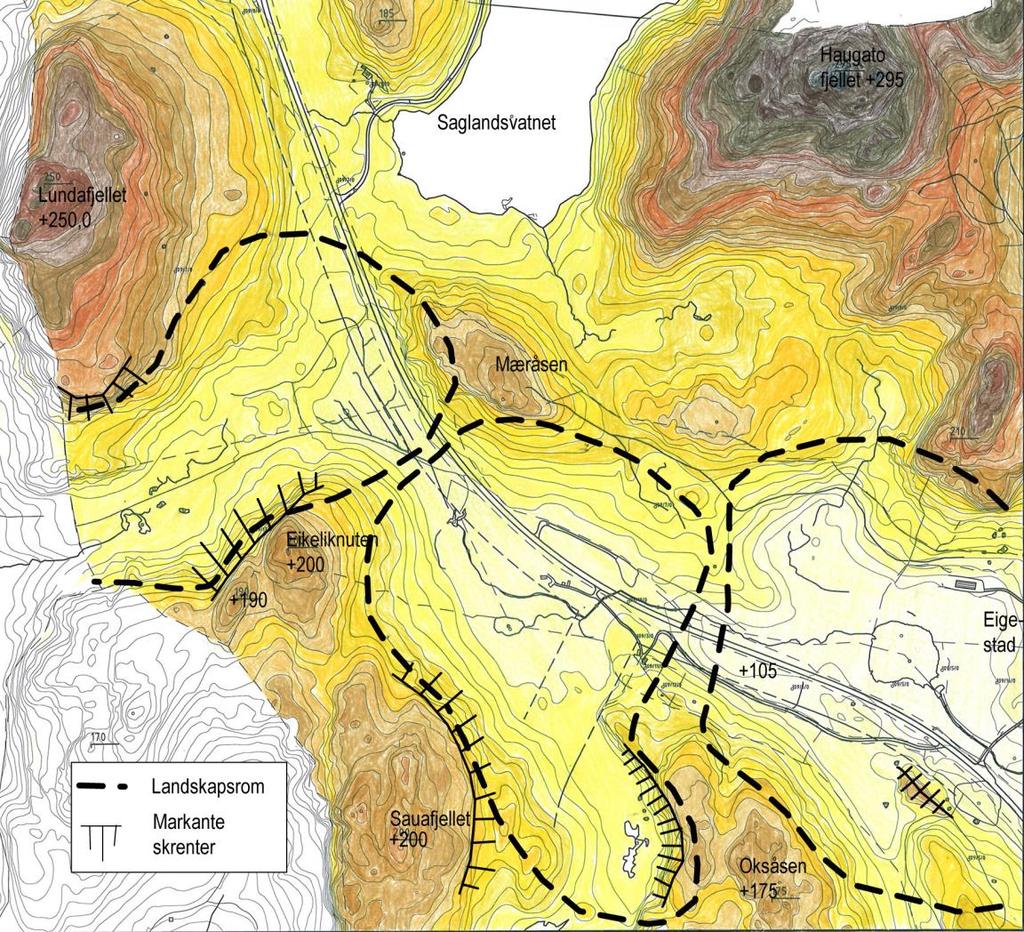 Analysekart illustrerer terrengformasjonene og de tre landskapsrommene innenfor feltet. PLAN/ VERNESTATUS I kommuneplanen er deler av tiltaksområdet satt av til næring og ny vegtrassé.