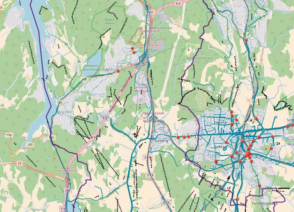 2. Ønskede sykkelveier og innspill om trafikksikkerhet ulike deler av kommunen For å få bedre oversikt over detaljene i de tettere befolkede områdene i kommunen presenteres her kartutsnitt over