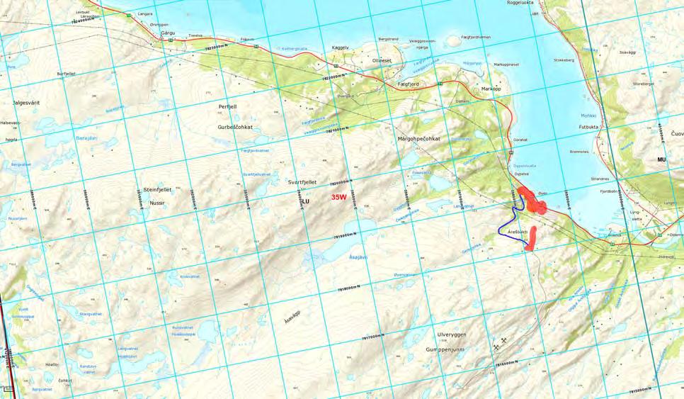 Vedlegg 5.10 FIGUR 3 REGULERINGSPLANSOMRÅDET. HVER RUTE ER 1 X 1 KM. FIGUR 4 SAMME UTSNITT SOM OVER, MEN HER HVOR DET BLIR NOE ØKT AKTIVITET I DAGEN (MERKET RØDT).