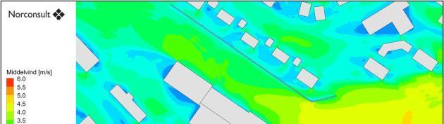 Vindhastighet i kroppshøyde midlet over året Dagens situasjon Fremtidig situasjon Teknisk infrastruktur: Det går større ledninger for el, vann, avløp og spillvann tvers over planområdet.