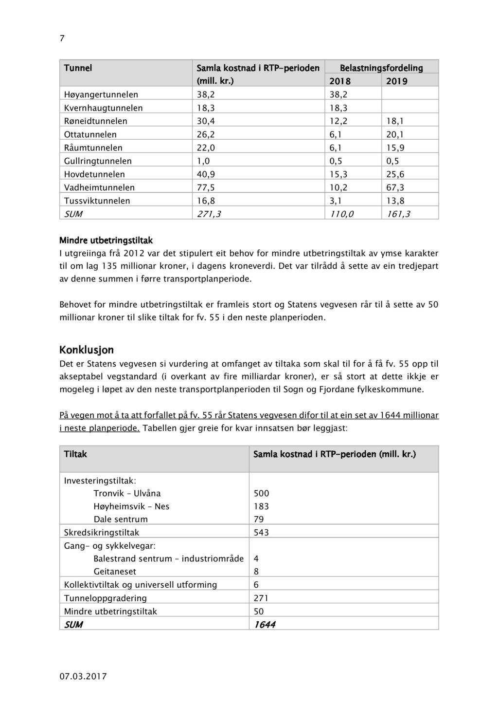 7 Tunnel Samla kostnad i RTP - perioden (mill. kr.