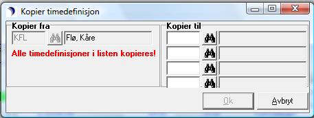 Alle timedefinisjoner i listen: Timedefinisjonen kan kopieres til inntil 5 andre ressurser av gangen. Du får et varsel om at alle timedefinisjoner i listen vil kopieres.