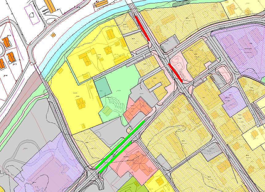 Ill: Dagens busslommer rød linje, nye busslommer grønn linje. Statens vegvesen, Opplandstrafikk og Ringebu bilruter er positive til flytting av busslommene.