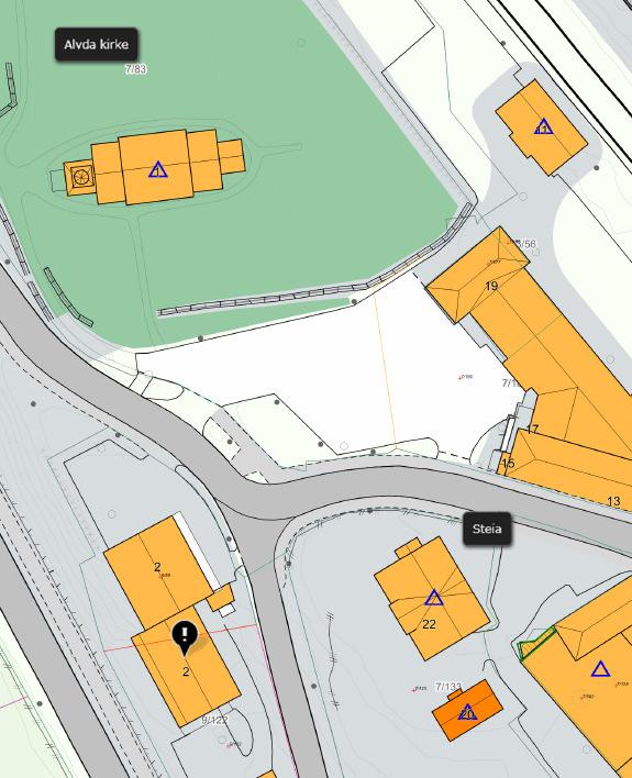 Sak 6/16 Kart (nord opp) med markering på gjeldene bygg, Skulbakken 2. Pinsemengheten eier søndre del av bygget. Nordre del eies av Elvarhaug A/S og brukes av Sparebanken Hedmark.