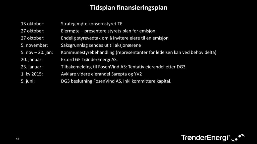 Tidsplanfinansieringsplan 13 oktober: StrategimøtekonsernstyretTE 27 oktober: Eiermøte presenterestyretsplanfor emisjon. 27 oktober: Endeligstyrevedtakom å invitere eieretil en emisjon 5.