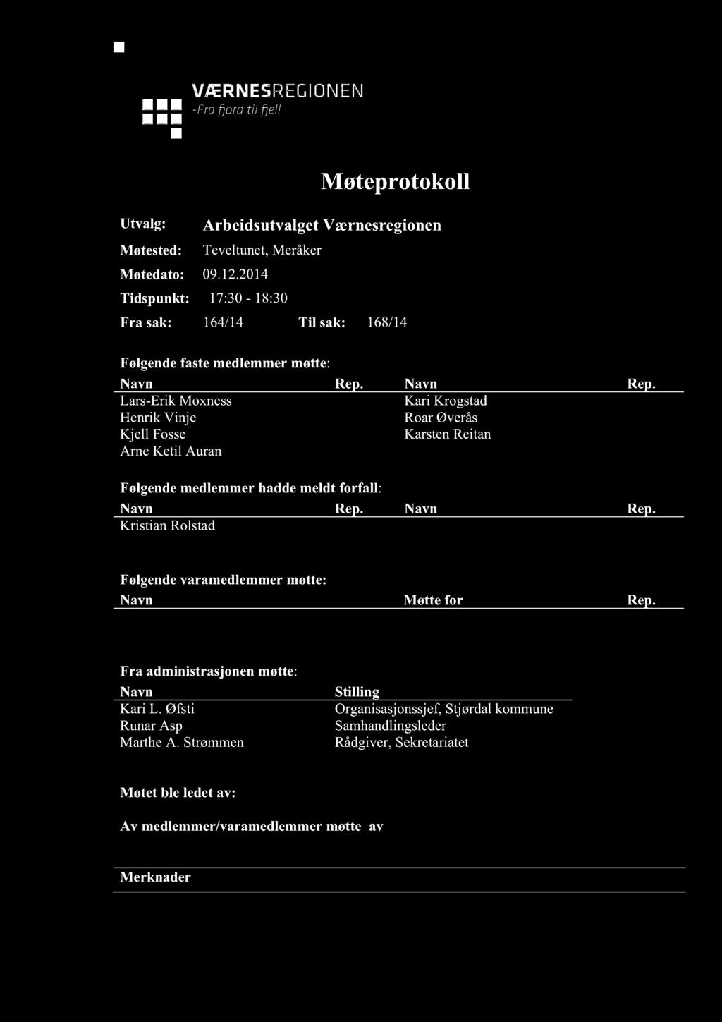 Utvalg: Møtested: Møteprotokoll Arbeidsutvalget Værnesregionen Teveltunet,Meråker Møtedato: 09.12.2014 Tidspunkt: 17:30-18:30 Fra sak: 164/14 Til sak: 168/14 Følgendefastemedlemmermøtte: Navn Rep.