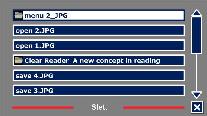 5.2.3. Slett. Åpne menyen og gå til Slett ved hjelp av Tilbake- og Fremover-knappene på betjeningspanelet på ClearReader+ eller Pil-tastene på fjernkontrollen.