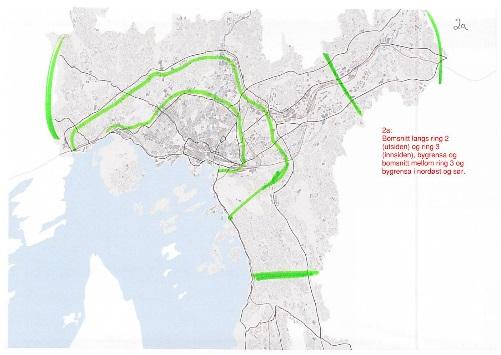 arm) 2a Bomsnitt langs ring 2 og ring 3 og bomsnitt i sør og nordøst, bygrensa - Får to relativt tette snitt, tidvis lite areal mellom Ring 2 og 3 - Et mindre bomsnitt i vest enn trafikk fra Sør og