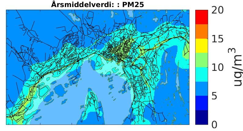 a) Dagens situasjon b)referanse 2020 c)tiltak2020 Figur 10: Figurene viser årsmiddel for PM 2.