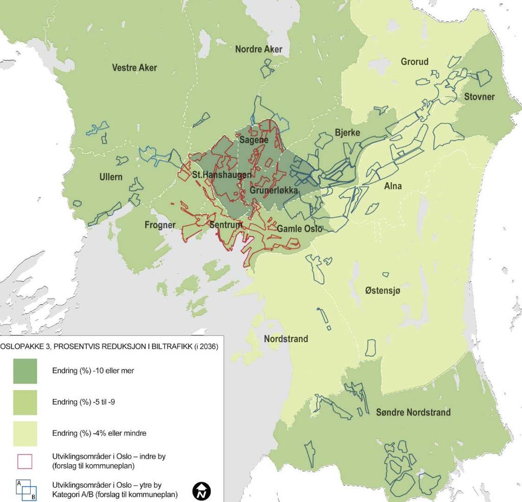 86 VIRKNINGER AV REVIDERT AVTALE OSLOPAKKE 3 6 Effekter for byutvikling Arealbruk er et viktig virkemiddel for å redusere behovet for bil, og å tilrettelegge for at flest mulig velger å reise