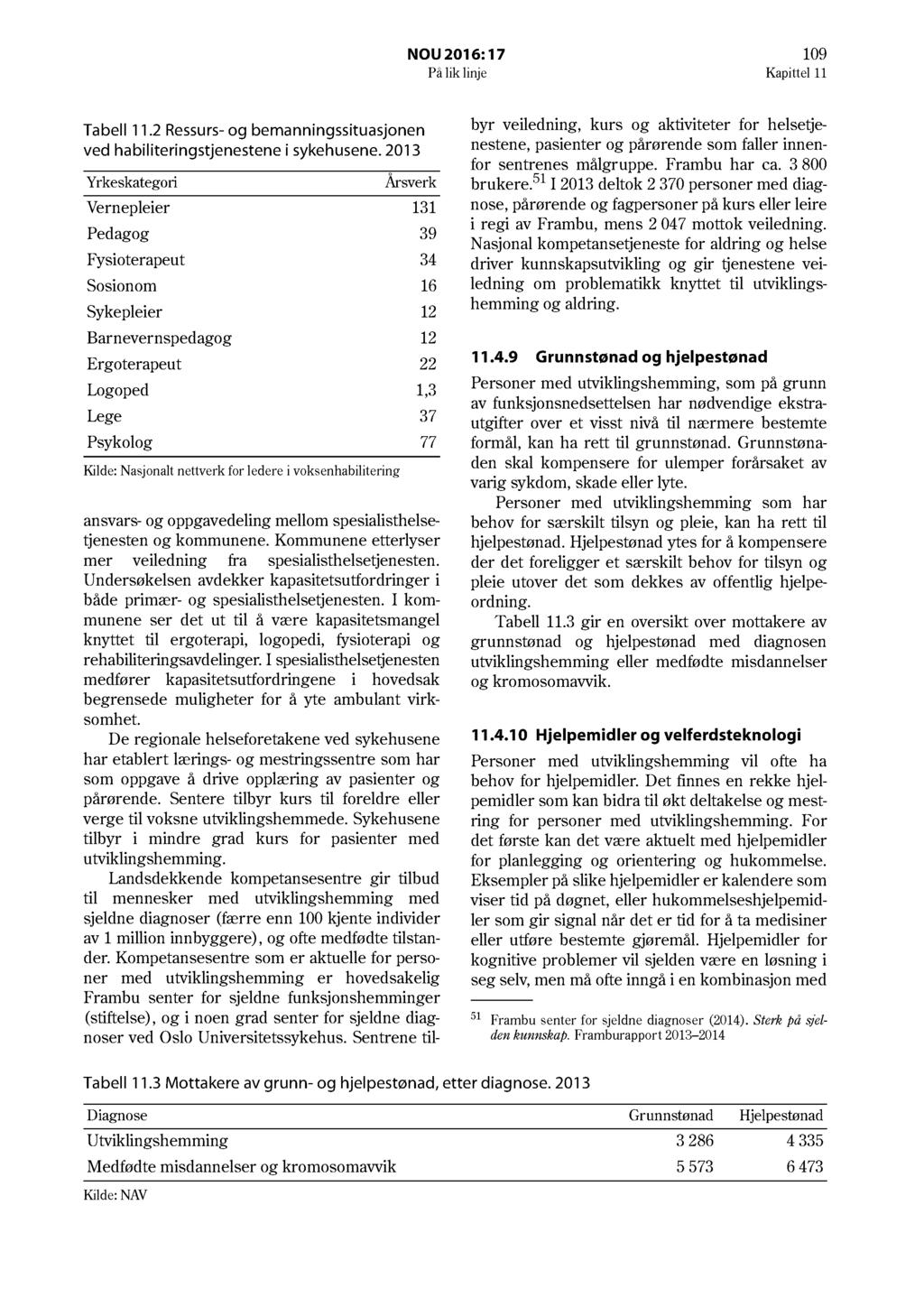 NOU 2016: 17 109 På lik linje Kapittel 11 Tabell 11.2 Ressurs- og bemanningssituasjonen ved habiliteringstjenestene i sykehusene.