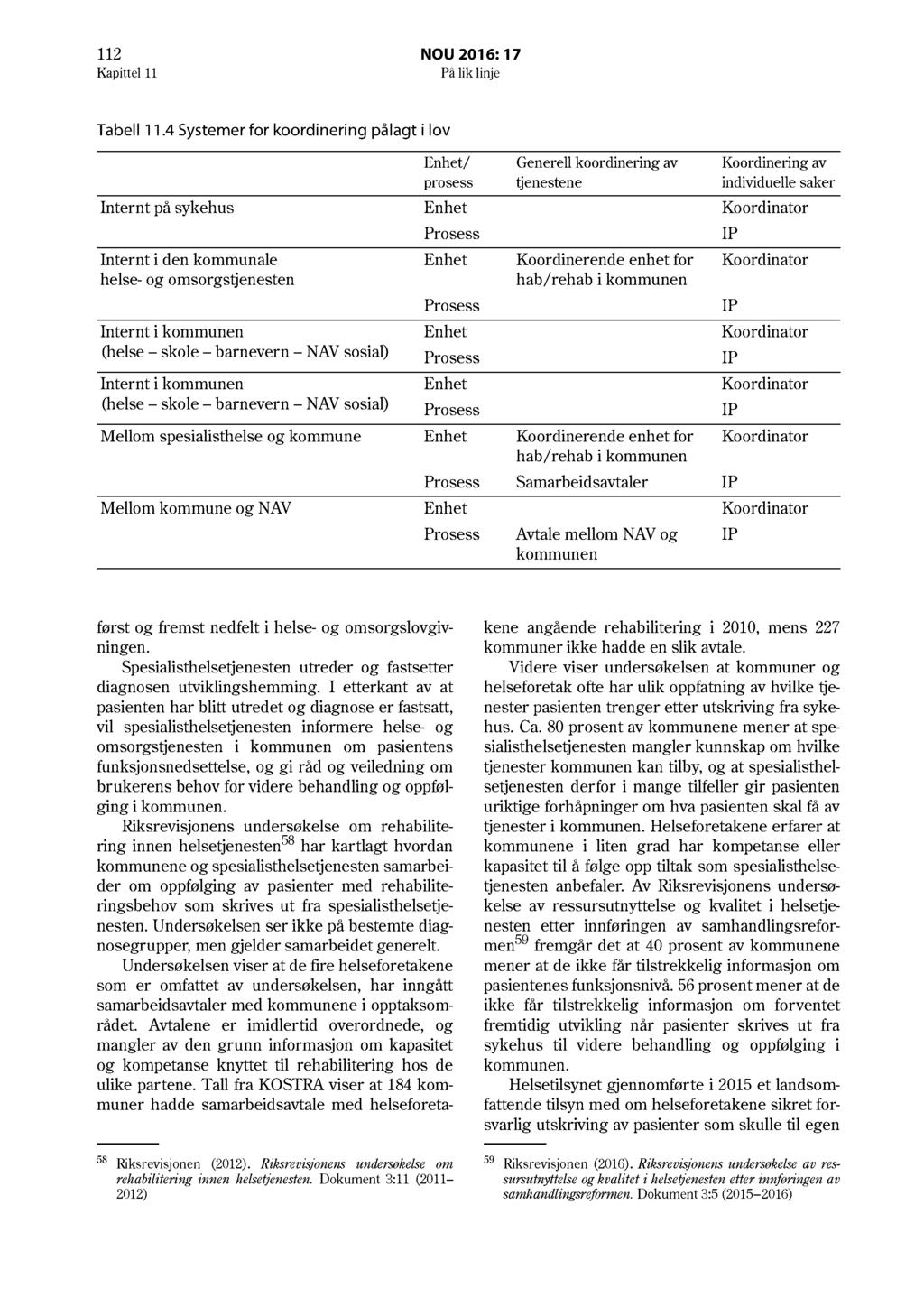 112 NOU 2016: 17 Kapittel 11 På lik linje Tabell 11.
